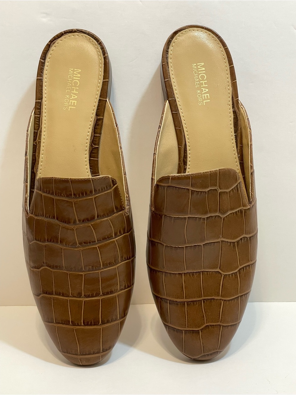 Michael Kors Natasha Brown Croc-Embossed Leather Slip-On Mules Size 8